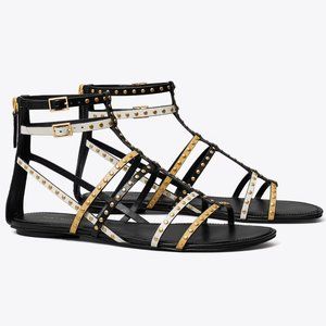 Tory Burch $338 CAPRI GLADIATOR STUDDED SANDAL 3 Tone Leather Black Ivor…